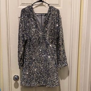 Silver Sequin Long Sleeve Dress